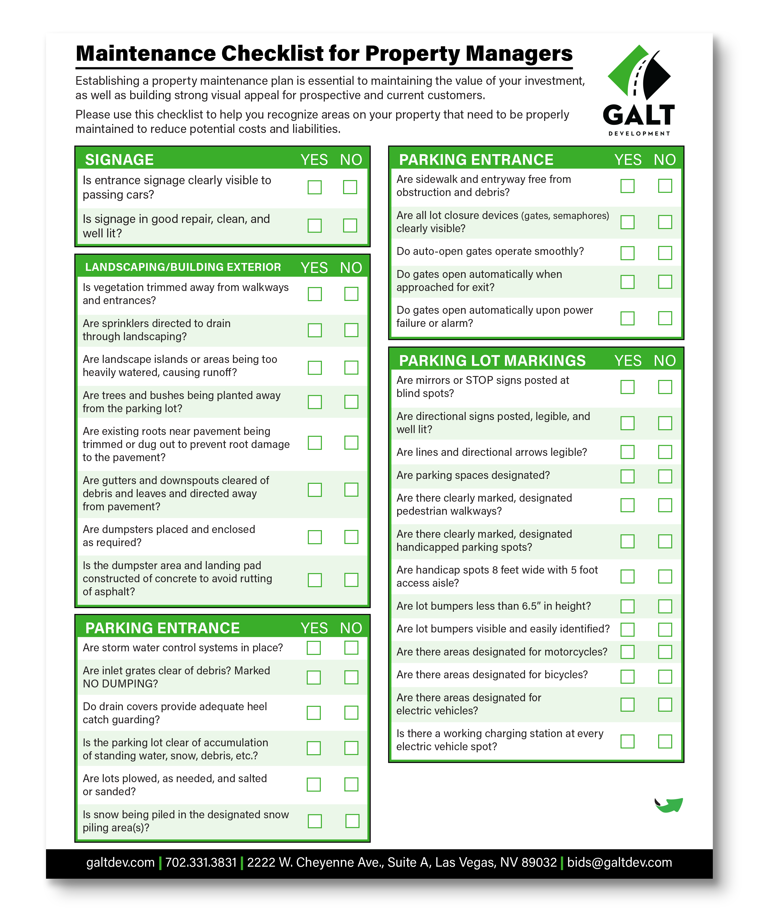 GALT Maintenance Checklist